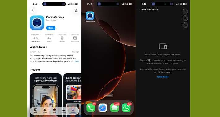 Installing the Camo Camera app from the App Store and opening it on the phone