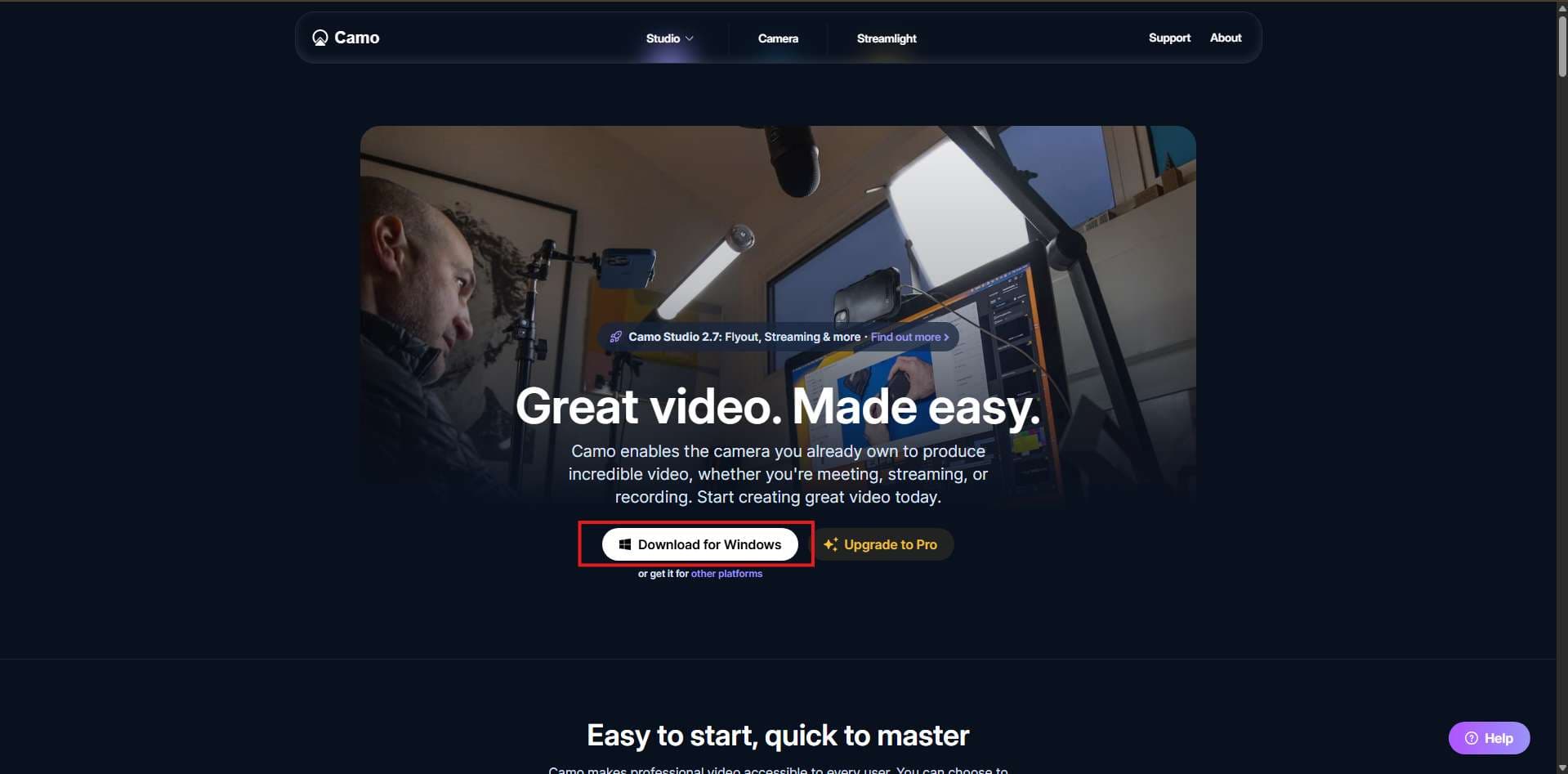 The Camo website with the Download for Windows button highlighted